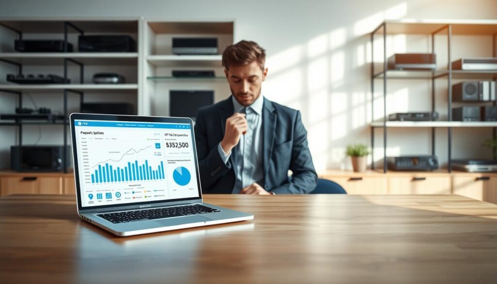 A clean, modern office setting with a large wooden desk at the forefront. On the desk, a high-tech laptop displays detailed graphs and charts comparing IPTV subscription prices, illuminated by soft, natural light from a nearby window. In the middle ground, a professional individual in business attire is attentively analyzing the data on the laptop, looking thoughtful and engaged. The background features sleek shelves filled with tech gadgets and streaming devices, showcasing a contemporary ambiance. The atmosphere is focused and informative, aimed at illustrating the essence of IPTV services optimization. The overall color palette is calm with blues and grays, enhancing the sense of professionalism and clarity. A clean, modern office setting with a large wooden desk at the forefront. On the desk, a high-tech laptop displays detailed graphs and charts comparing IPTV subscription prices, illuminated by soft, natural light from a nearby window. In the middle ground, a professional individual in business attire is attentively analyzing the data on the laptop, looking thoughtful and engaged. The background features sleek shelves filled with tech gadgets and streaming devices, showcasing a contemporary ambiance. The atmosphere is focused and informative, aimed at illustrating the essence of IPTV services optimization. The overall color palette is calm with blues and grays, enhancing the sense of professionalism and clarity.