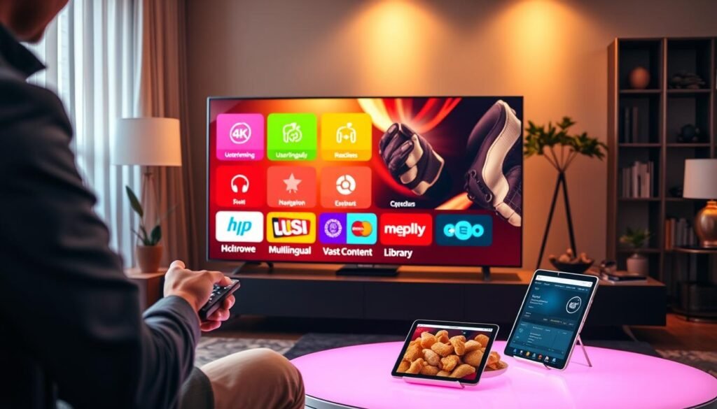 A modern IPTV interface displayed on a sleek, futuristic television screen in a cozy living room. In the foreground, a user dressed in smart casual attire interacts with a remote control. The screen showcases vibrant icons representing various IPTV premium features like 4K streaming, user-friendly navigation, multilingual support, and a vast content library. In the middle ground, a stylish coffee table is adorned with snacks and a glowing tablet displaying an IPTV subscription app. The background features warm lighting and contemporary decor, enhancing a relaxed yet tech-savvy atmosphere. The scene is captured from a slightly elevated angle, emphasizing the interaction and the dynamic display of features, creating an inviting and engaging visual. A modern IPTV interface displayed on a sleek, futuristic television screen in a cozy living room. In the foreground, a user dressed in smart casual attire interacts with a remote control. The screen showcases vibrant icons representing various IPTV premium features like 4K streaming, user-friendly navigation, multilingual support, and a vast content library. In the middle ground, a stylish coffee table is adorned with snacks and a glowing tablet displaying an IPTV subscription app. The background features warm lighting and contemporary decor, enhancing a relaxed yet tech-savvy atmosphere. The scene is captured from a slightly elevated angle, emphasizing the interaction and the dynamic display of features, creating an inviting and engaging visual.