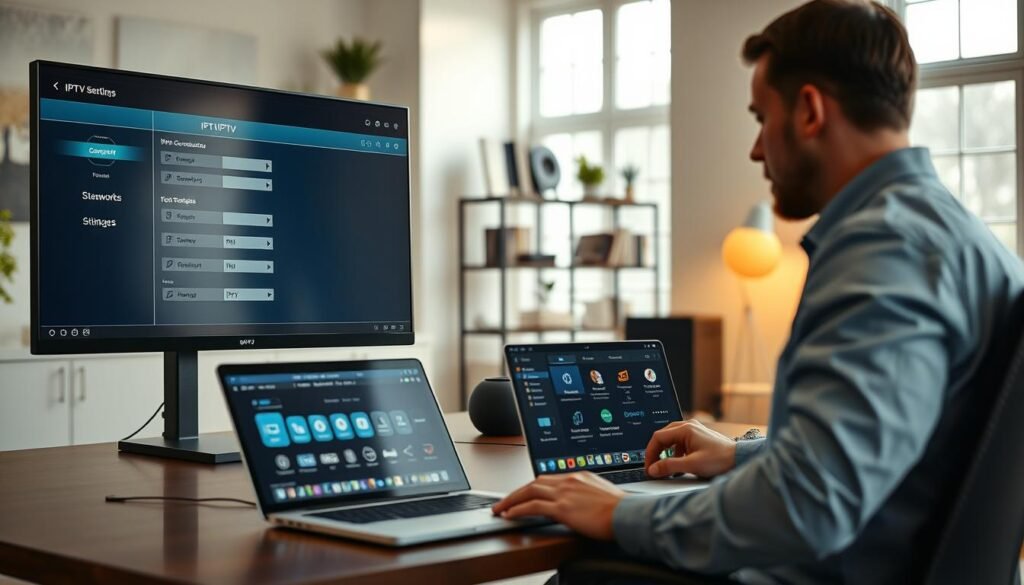 A modern home office setup featuring a sleek computer desk with a high-resolution monitor displaying IPTV configuration software. In the foreground, a professional in business casual attire is focused on the screen, interacting with IPTV settings. The middle ground includes a laptop with visible network connection options and an array of streaming device icons. In the background, a stylish bookshelf displays tech literature and decor, while soft, ambient lighting creates a warm, inviting atmosphere. The room is spacious with large windows letting in natural light, creating a clean and organized workspace. The scene is captured from a slight angle to emphasize the tech focus, conveying a sense of professional engagement with IPTV services.