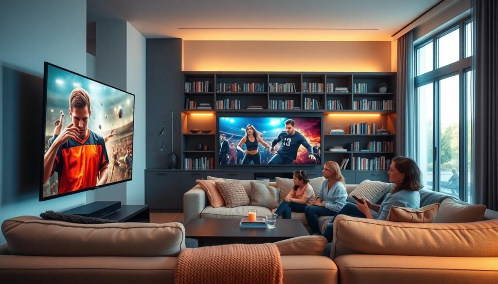 A modern living room setting designed for viewing IPTV content in 2025. In the foreground, a sleek, stylish television displays vibrant scenes from various genres: a dramatic film, an exciting sports match, and a thrilling TV series. The middle ground features plush sofas with cozy throws, where a family enjoys the entertainment, all dressed in casual yet tasteful clothing. The background includes shelves filled with DVDs and books, softly lit by warm ambient lighting. A large window reveals a bright day outside, suggesting a relaxed atmosphere. The scene embodies a sense of comfort and excitement, highlighting the diverse IPTV offerings of films, series, and sports in a high-definition, 4K quality. The overall mood is inviting and family-friendly.