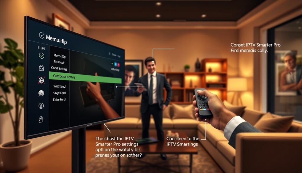 A detailed step-by-step guide illustration for configuring IPTV Smarters Pro on a Smart TV. In the foreground, a close-up view of a sleek Smart TV displaying the IPTV Smarters Pro interface, highlighting menu options and settings. The middle ground features a user holding a remote control, dressed in professional business attire, demonstrating the configuration process. The background showcases a cozy living room setting with warm, ambient lighting, emphasizing a modern and tech-savvy atmosphere. The room includes a stylish couch and decorative elements like a plant and bookshelves, creating a welcoming environment. The overall mood is informative and engaging, inviting viewers to learn about the setup process.