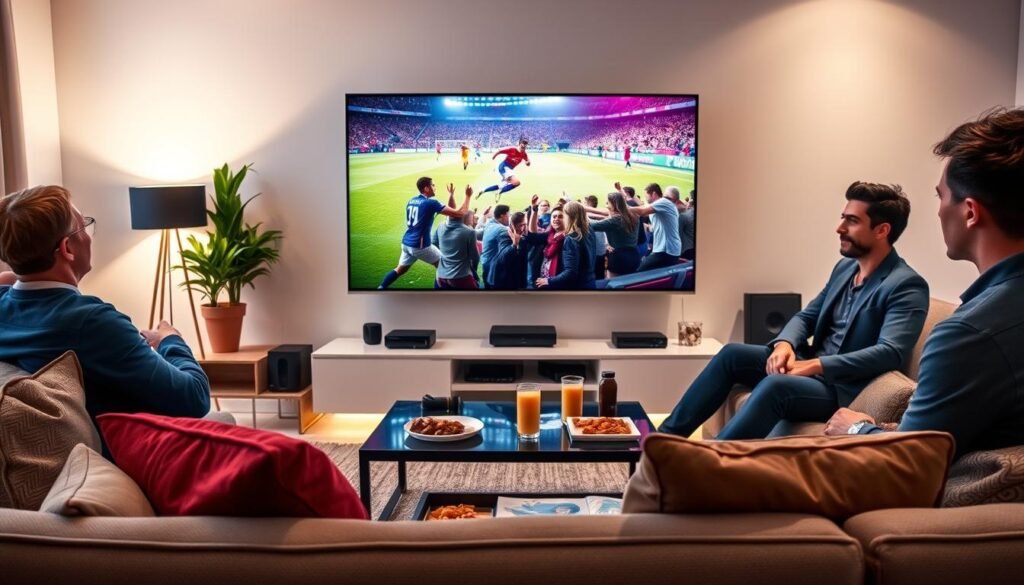 A modern living room featuring a sleek, high-definition TV displaying vibrant soccer action from Ligue 1, emphasizing optimal streaming quality. In the foreground, a casual setup with a comfortable sofa adorned with stylish cushions, and a coffee table with snacks and drinks, inviting viewers to relax and enjoy the game. The middle ground showcases the lively atmosphere with friends gathered, all dressed in smart casual attire, absorbed in the excitement. In the background, soft ambient lighting highlights the room, with subtle technology touches like a streaming device and Wi-Fi router. The entire scene conveys a sense of camaraderie and enthusiasm, embodying the joy of watching sports in high quality, perfect for an engaging article section on optimizing sports streaming.