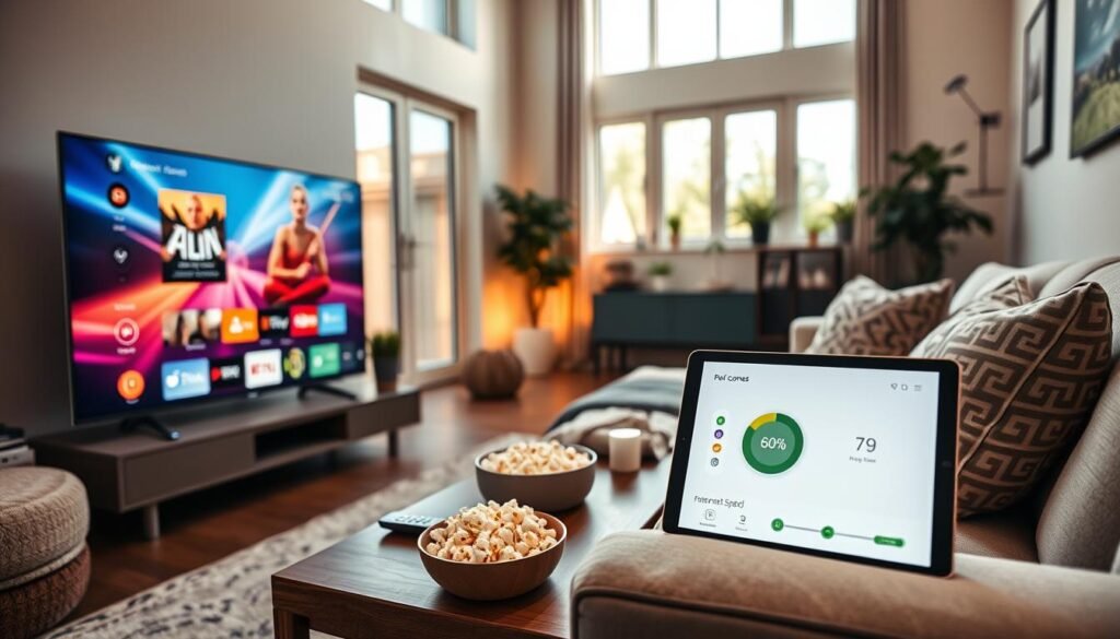 A modern living room showcasing an optimal streaming experience. In the foreground, a sleek Smart TV displays vibrant visuals of a streaming application interface. To the side, a comfortable sofa is adorned with stylish cushions, inviting viewers to relax. The middle ground features a coffee table with a remote control, a bowl of popcorn, and a tablet displaying a high-speed internet speed test. The background reveals soft wall colors and subtle decorative elements, enhancing a cozy atmosphere. Natural light filters through large windows, creating an inviting glow. Capture the scene with a wide-angle lens to convey depth, emphasizing the warmth and comfort of a perfect streaming setup. The mood is relaxed and engaging, highlighting the joy of seamless entertainment.
