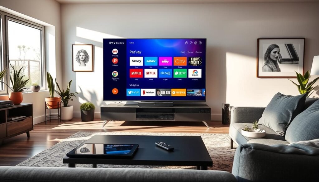 A modern living room with a sleek Smart TV displaying the IPTV Smarters Pro application interface. In the foreground, a stylish coffee table holds a tablet and a remote control, while a cozy sofa invites relaxation. The middle features the television prominently, showcasing the vibrant user interface of the IPTV app with colorful icons, surrounded by smart home devices like a soundbar and gaming console. In the background, large windows let in natural light, casting soft shadows, creating a warm and inviting atmosphere. The room decor includes minimalist artwork and houseplants, enhancing the contemporary aesthetic. The scene is well-composed from a slightly angled perspective to emphasize the TV and app interface. The mood is engaging and tech-savvy, indicating the ease of accessing IPTV services on Smart TVs. A modern living room with a sleek Smart TV displaying the IPTV Smarters Pro application interface. In the foreground, a stylish coffee table holds a tablet and a remote control, while a cozy sofa invites relaxation. The middle features the television prominently, showcasing the vibrant user interface of the IPTV app with colorful icons, surrounded by smart home devices like a soundbar and gaming console. In the background, large windows let in natural light, casting soft shadows, creating a warm and inviting atmosphere. The room decor includes minimalist artwork and houseplants, enhancing the contemporary aesthetic. The scene is well-composed from a slightly angled perspective to emphasize the TV and app interface. The mood is engaging and tech-savvy, indicating the ease of accessing IPTV services on Smart TVs.