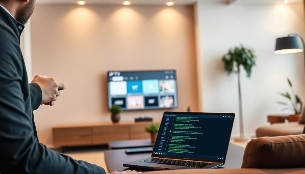 A sleek and modern living room with a smart TV prominently displaying the interface of an IPTV application, showcasing M3U link configuration and Xtream Codes API settings. In the foreground, a person in smart casual attire is attentively navigating the TV, using a remote control. The middle ground features a stylish coffee table with a laptop open, displaying code snippets and IPTV settings. In the background, soft ambient lighting creates a warm atmosphere, with household plants and contemporary decor. The perspective is slightly elevated, capturing a dynamic view of the entire scene. The overall mood is focused and tech-savvy, reflecting a seamless integration of technology in daily life. A sleek and modern living room with a smart TV prominently displaying the interface of an IPTV application, showcasing M3U link configuration and Xtream Codes API settings. In the foreground, a person in smart casual attire is attentively navigating the TV, using a remote control. The middle ground features a stylish coffee table with a laptop open, displaying code snippets and IPTV settings. In the background, soft ambient lighting creates a warm atmosphere, with household plants and contemporary decor. The perspective is slightly elevated, capturing a dynamic view of the entire scene. The overall mood is focused and tech-savvy, reflecting a seamless integration of technology in daily life.