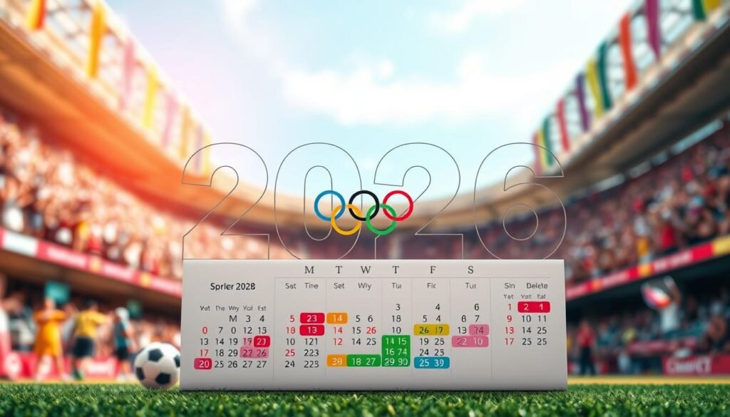 A visually captivating sports event calendar for the year 2026, showcasing major global sporting events. In the foreground, a glossy, well-organized calendar grid displays key dates highlighted for events like the FIFA World Cup, Summer Olympics, and other notable competitions in vibrant colors. The middle area features iconic sports symbols such as a soccer ball, Olympic rings, and a tennis racket, elegantly arranged in an artistic manner. The background includes a blurred stadium with cheering fans and colorful banners, creating a dynamic atmosphere. The lighting is bright and engaging, simulating a sunny day at a sports venue, enriching the excitement of upcoming events. The overall mood is energized and enthusiastic, perfect for sports lovers planning their viewing schedule for 2026.