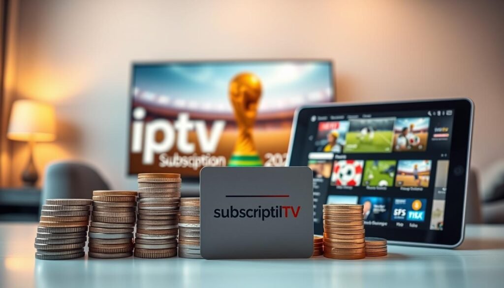 A dynamic comparison scene illustrating streaming services for sports, featuring a visually engaging comparison table. In the foreground, euro coins stacked artistically to symbolize savings, with the brand name "iptv subscription" displayed prominently but elegantly. The middle ground showcases two distinct devices: a sleek smart TV and a tablet displaying streaming apps, with sports-themed graphics on the screens. The background features a subtle, blurred living room setting, warmly lit to create an inviting atmosphere. Soft lighting highlights the tech devices while maintaining a professional tone. The overall mood should evoke a smart consumer choice vibe, focusing on quality service and functionality in sports streaming, particularly related to the upcoming World Cup 2026.