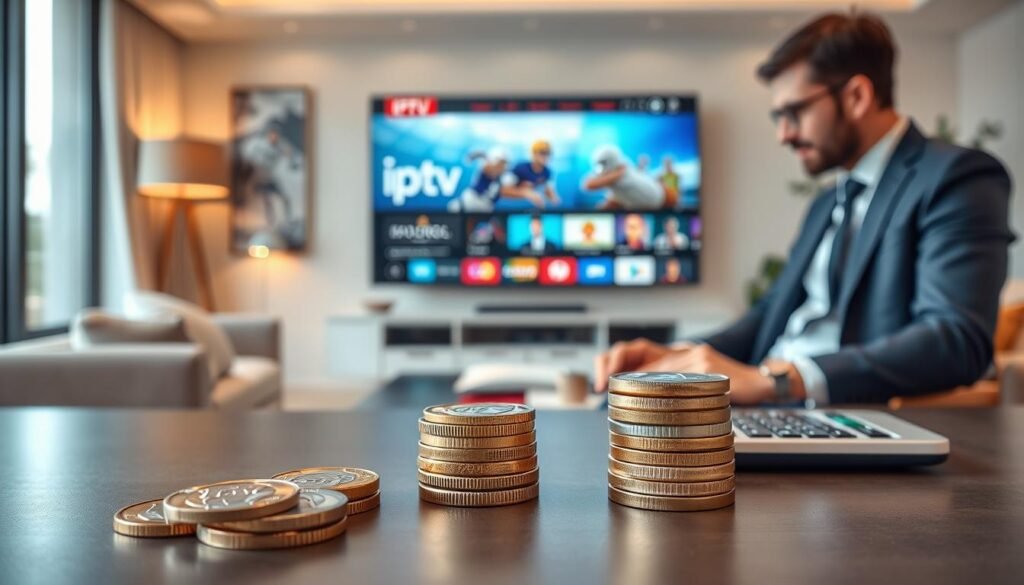 A visually engaging scene featuring a modern, sleek comparison table showcasing France IPTV Pro and its free trial offer. In the foreground, display a stack of euro coins symbolizing money savings, with a calculator beside them to emphasize smart consumer choices. The middle ground includes an elegant digital screen displaying "iptv subscription" with vibrant graphics illustrating its benefits. In the background, a cozy living room setting with soft lighting creates a welcoming atmosphere, enhancing the theme of relaxation while enjoying sports. Use a wide-angle lens perspective to capture the entire scene, highlighting a professional businessperson in modest casual attire, deeply engaged in the comparison. The overall mood is optimistic and informative, inviting the viewer to explore the benefits of this IPTV service without distractions or text overlays.